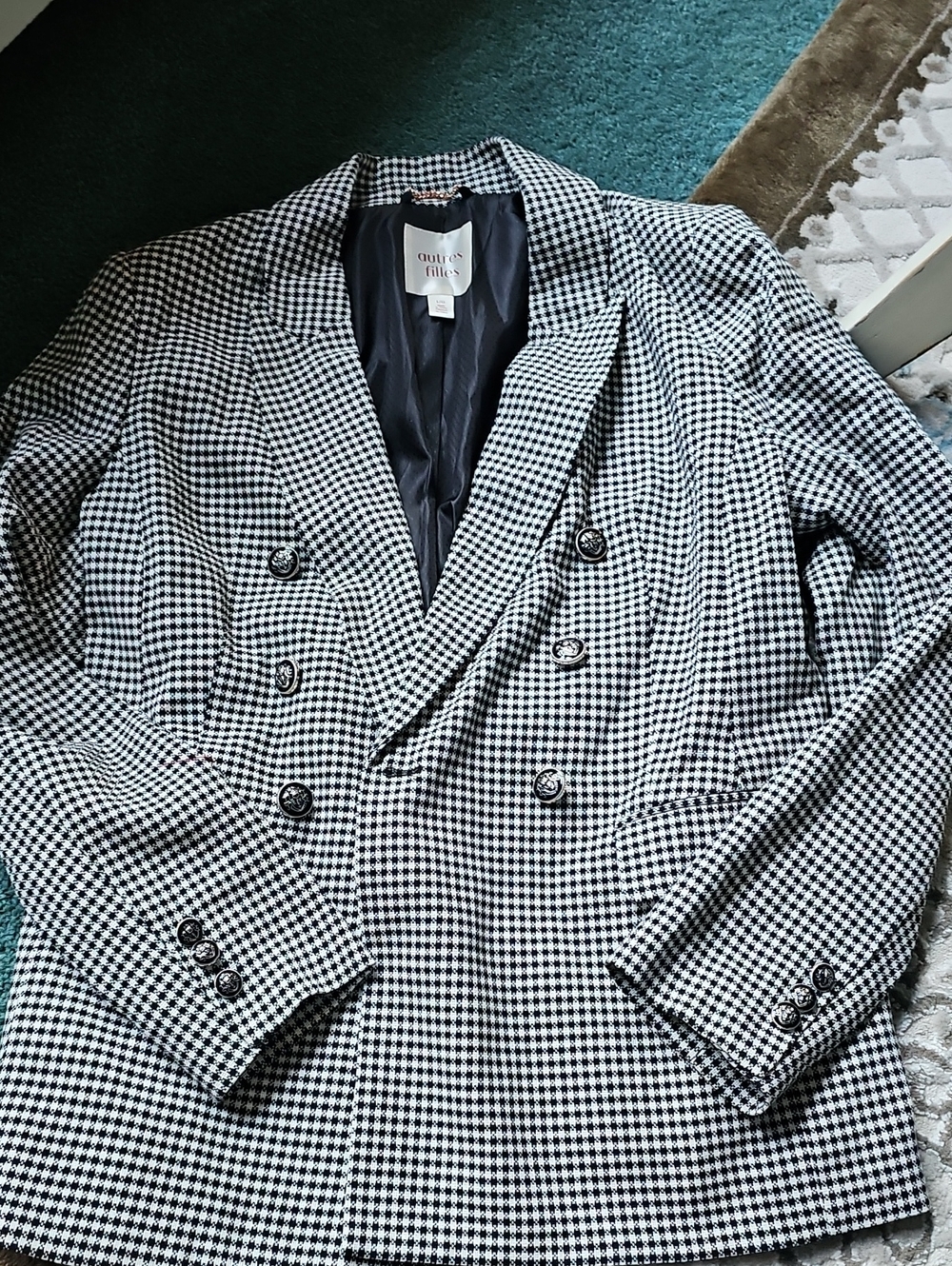 Curvy Houndstooth Double-Breasted Blazer - Black & White